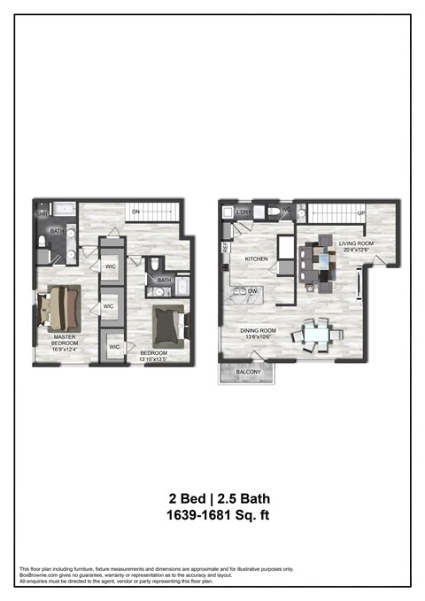 Floor plan for 2 beds, 2.5 baths, 1681 sqft